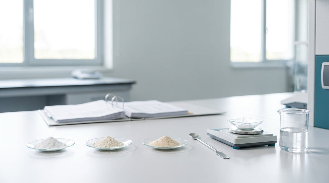 Verres de montre contenant trois poudres de collagène hydrolysé sur une paillasse de laboratoire de contrôle qualité